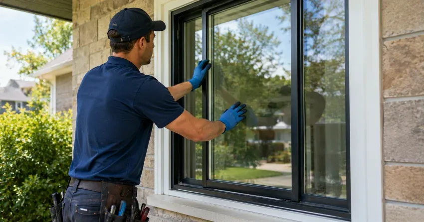 technician measuring a broken window pane for replacement in Cherry, Aurora