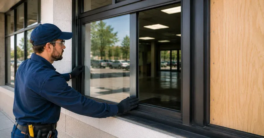 technician boarding a broken window after a break-in in Bayview Southeast, Aurora