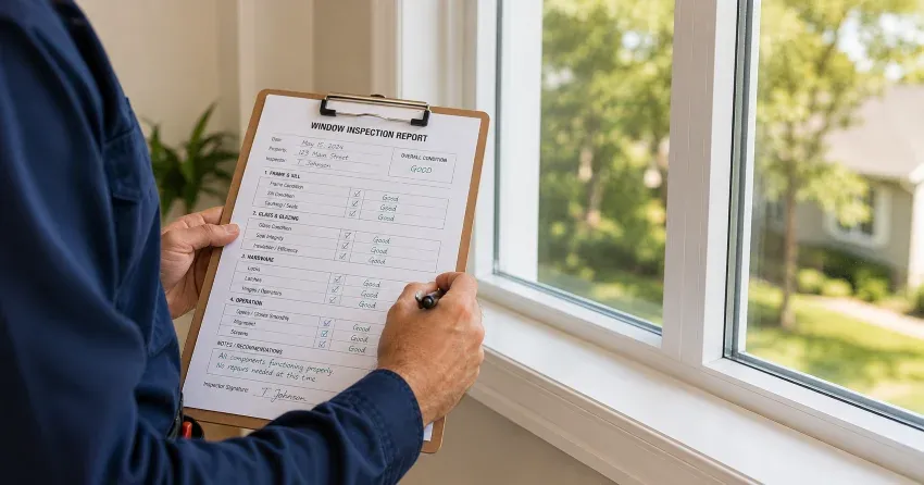 technician inspecting window seal and frame in Petchville, Aurora