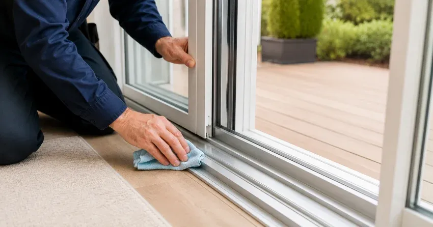 technician inspecting a sliding patio door track in Aurora Highlands, Aurora