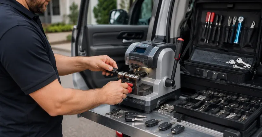 technician cutting a replacement car door lock key in Cherry, Aurora