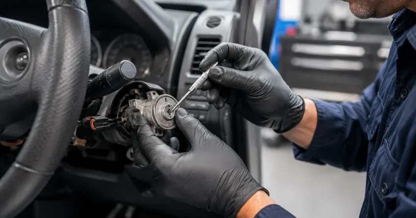 technician diagnosing an ignition lock repair issue in Cherry, Aurora