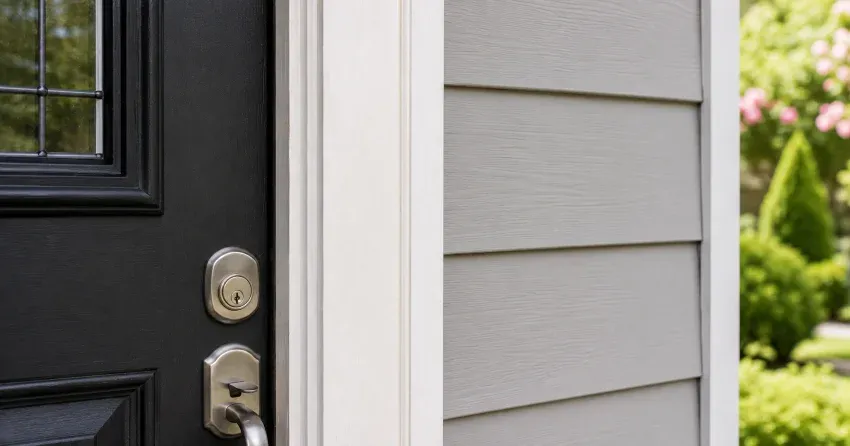 technician inspecting door jamb behind cracked casing in Cherry, Aurora home
