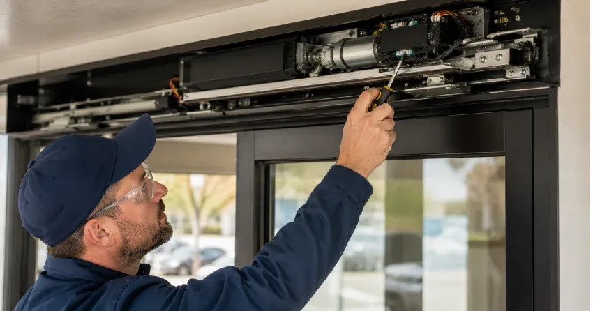 technician completing automatic door repair on residential property in Aurora