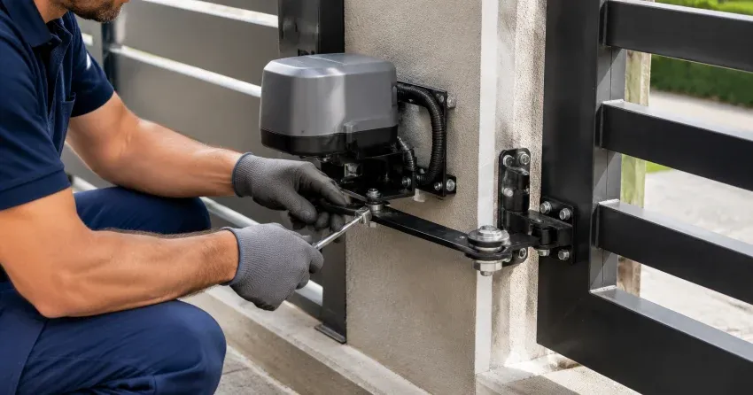technician diagnosing automatic gate motor and control panel in Cherry, Aurora