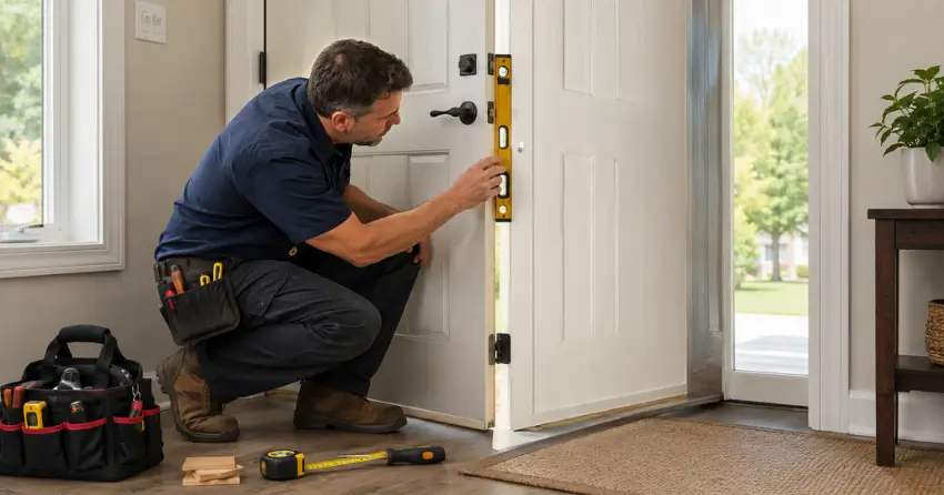 technician diagnosing a misaligned door frame in Aurora Heights, Aurora