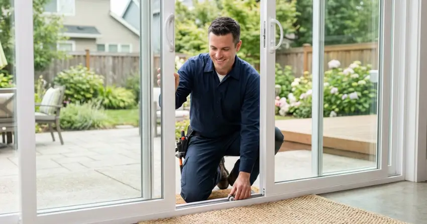 technician diagnosing a sticking patio door in Cherry, Aurora