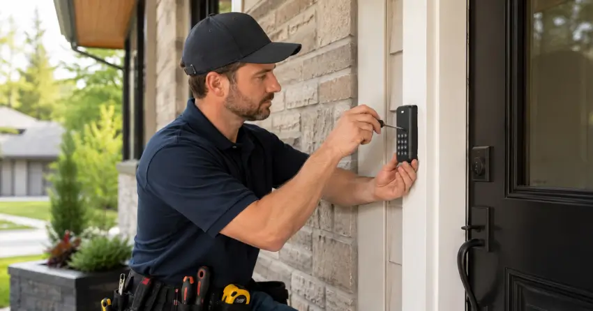 Technician installing an access control system keypad beside a residential front door in Bayview Northeast, Aurora
