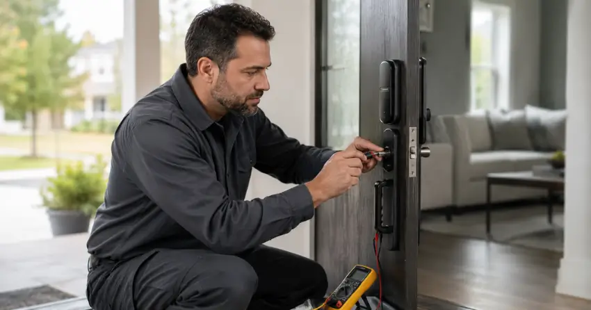 technician diagnosing automatic door lock mechanism on residential door in Bayview Northeast, Aurora