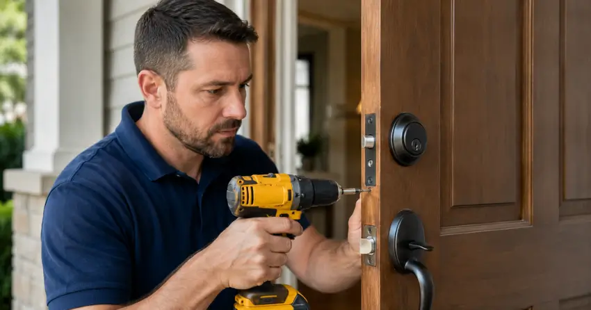 technician installing a new deadbolt during Change Door Lock Aurora Highlands, Aurora service