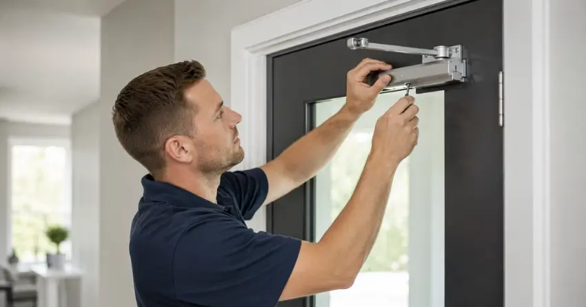 technician adjusting door closer hydraulic valve in Petchville, Aurora home