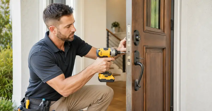 locksmith installing new deadbolt lock on front door in White Rose, Aurora