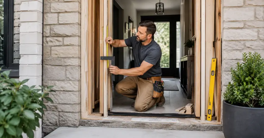 exterior door installer assessing rough opening in Aurora