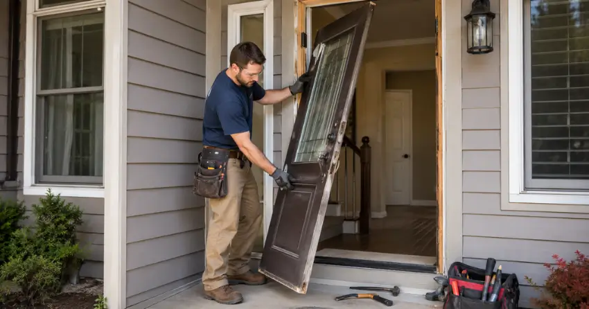 old exterior door being removed for replacement in Bayview Southeast, Aurora