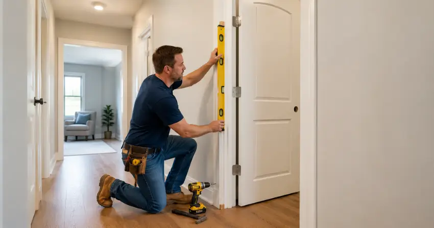 technician installing a pre-hung interior door in a home hallway Petchville, Aurora