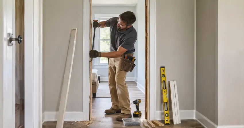 technician removing an old interior door frame during installation Aurora
