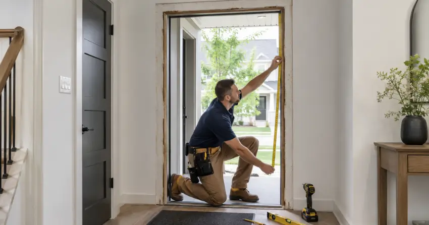technician measuring a door frame before new door installation in Aurora