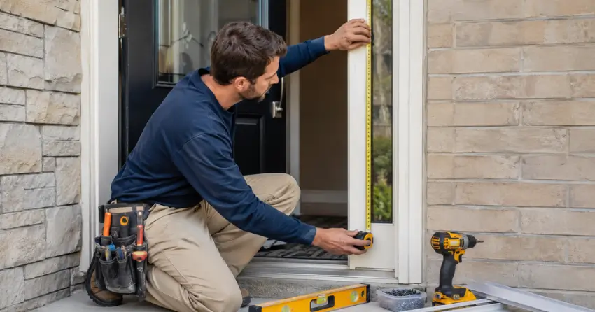 technician measuring door frame before storm door install in Bayview Southeast, Aurora