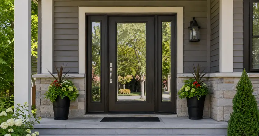 glass entry door with sidelights on a home in Aurora