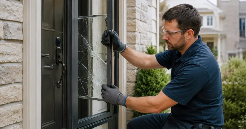 technician removing cracked storm door glass panel in Cherry, Aurora