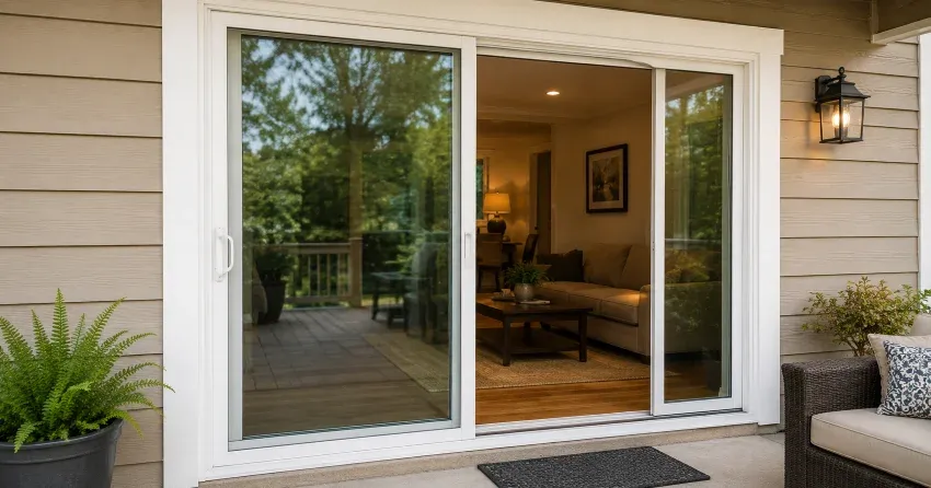 Patio Door Installation technician setting a new frame in Aurora