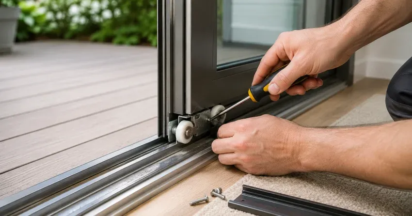 sliding door fix Bayview Northeast, Aurora technician diagnosing track issue