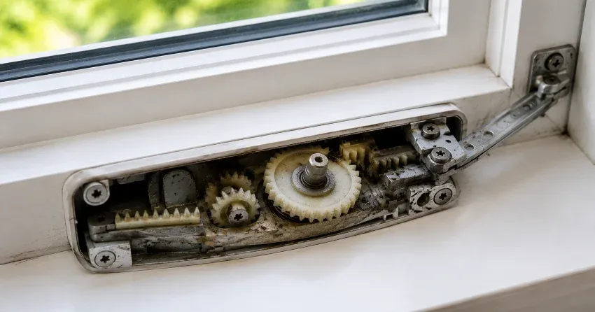 technician replacing casement window crank operator in Aurora home