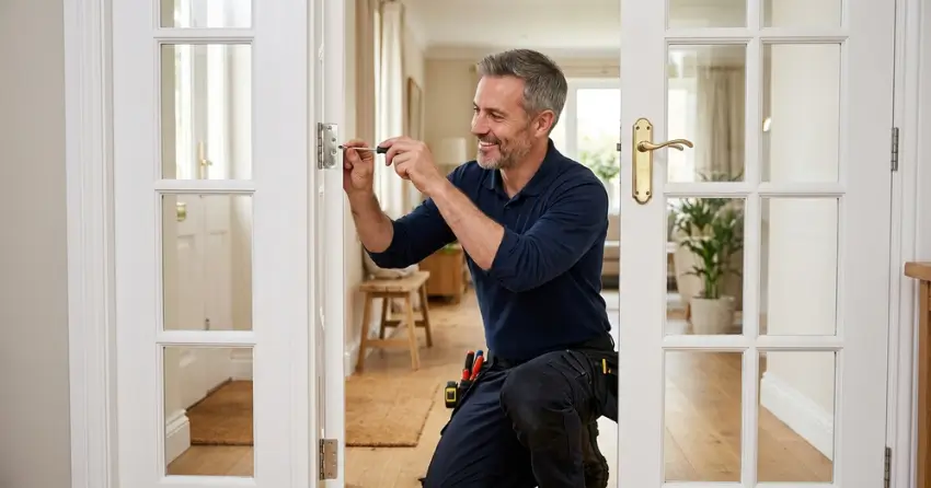 technician adjusting French door hinge for proper alignment in Cherry, Aurora