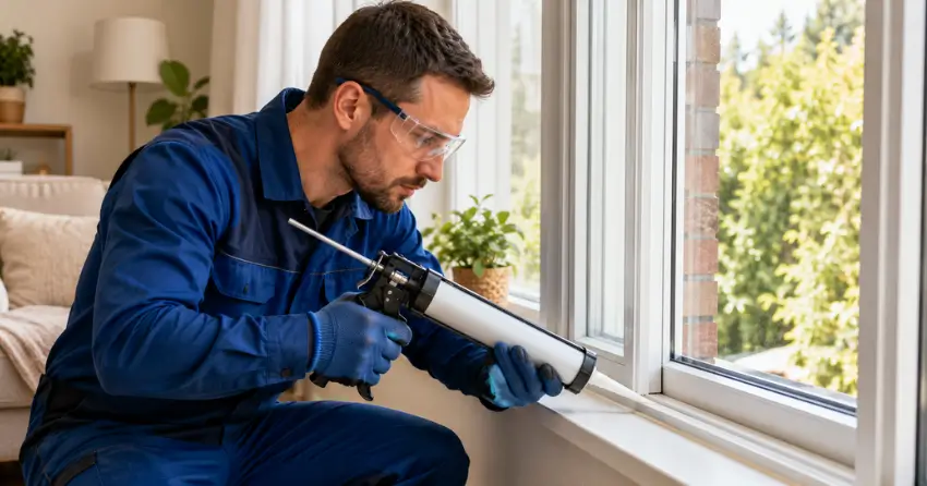 technician repairing window seal and frame in Aurora