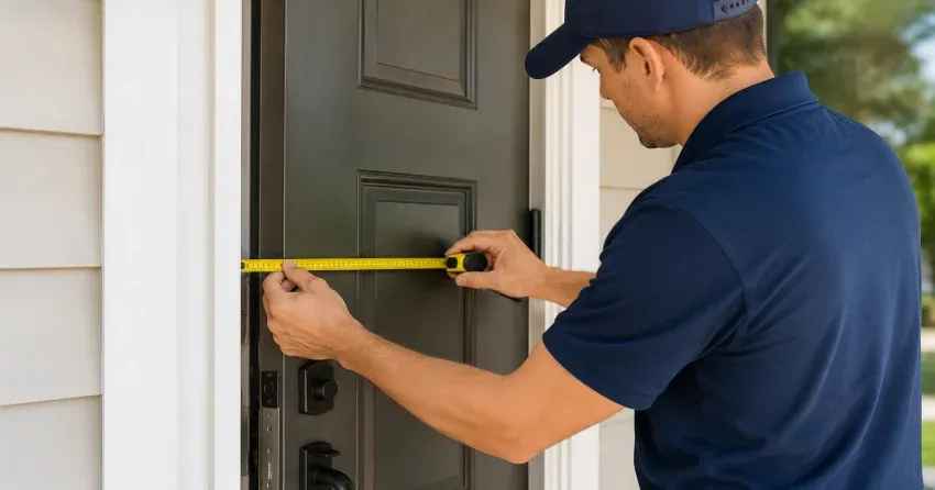 technician adjusting door hinge for alignment in Aurora