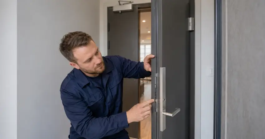 technician inspecting fire-rated door seal and hardware in Bayview Southeast, Aurora