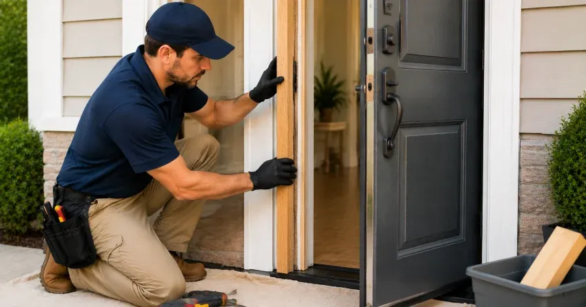 technician inspecting damaged door frame corner in Bayview Southeast, Aurora
