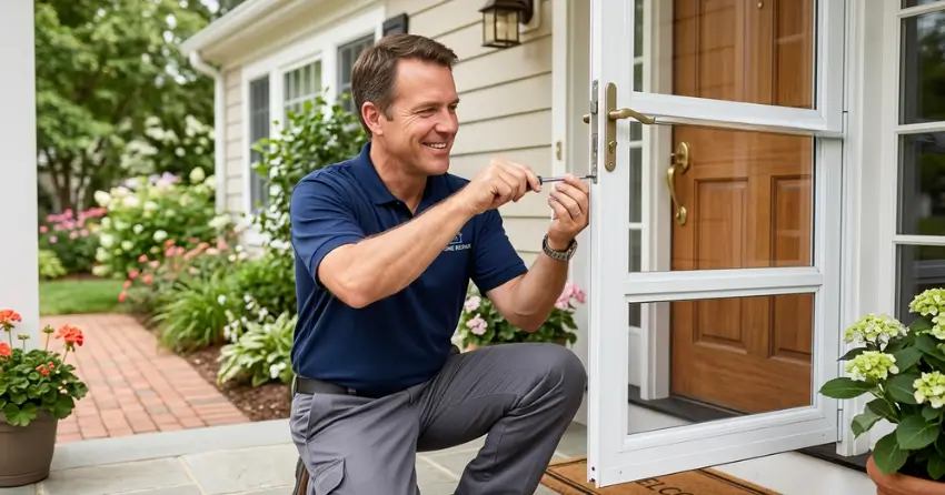 technician adjusting storm door hinge and closer in Aurora Highlands, Aurora